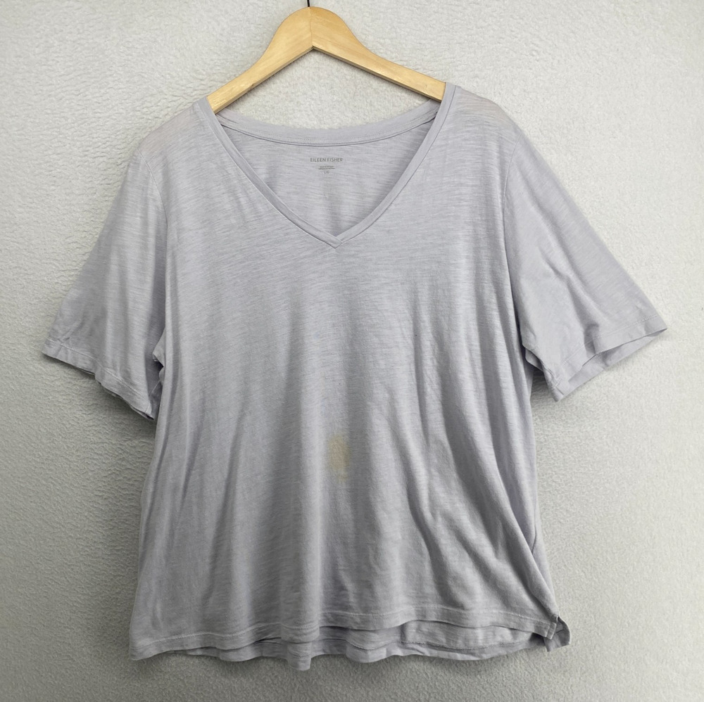 EILEEN FISHER Top L Slub Organic Cotton Jersey Boxy V-Neck Short Sleeve Lavender